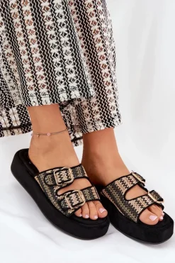 Klapki Damskie Na Platformie Z Klamrami I Plecionką Czarne Limme