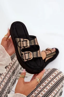 Klapki Damskie Na Platformie Z Klamrami I Plecionką Czarne Limme