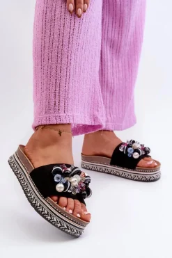 Klapki Damskie Na Platformie Z Ozdobami S.Barski HY077 Czarne