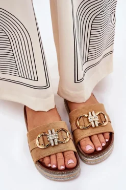 Klapki Damskie Na Platformie Z Brokatem I Złotą Ozdobą Camel Rilirea