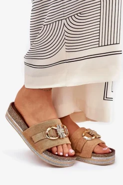 Klapki Damskie Na Platformie Z Brokatem I Złotą Ozdobą Camel Rilirea