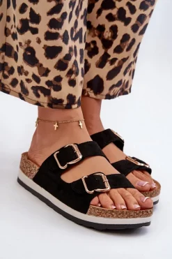 Klapki Damskie Na Platformie Z Klamrami Eko Zamszowe Czarne Ursila