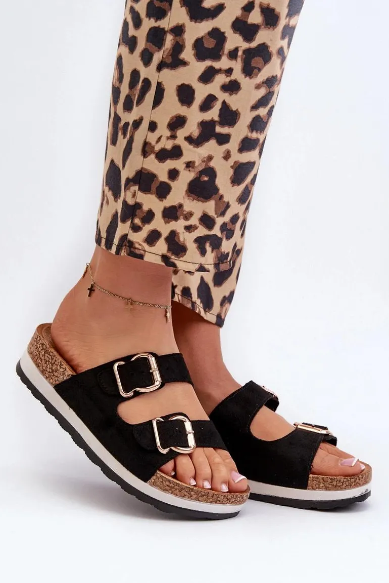 Klapki Damskie Na Platformie Z Klamrami Eko Zamszowe Czarne Ursila