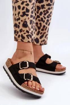 Klapki Damskie Na Platformie Z Klamrami Eko Zamszowe Czarne Ursila