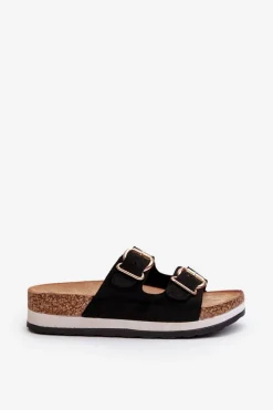 Klapki Damskie Na Platformie Z Klamrami Eko Zamszowe Czarne Ursila