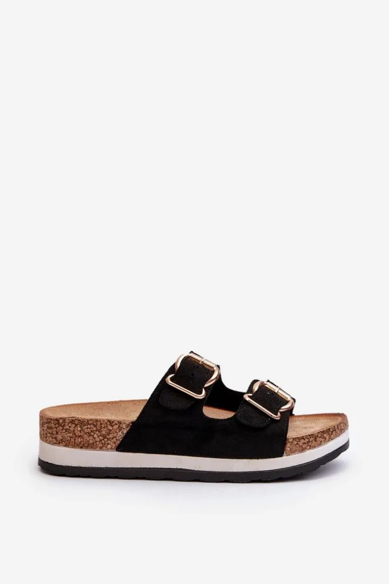 Klapki Damskie Na Platformie Z Klamrami Eko Zamszowe Czarne Ursila