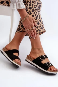 Klapki Damskie Na Platformie Z Klamrami Eko Zamszowe Czarne Ursila