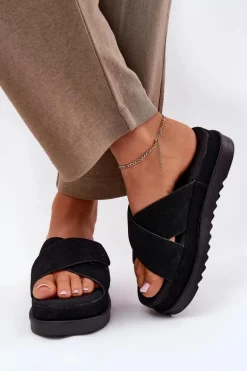 Klapki Damskie Na Platformie Z Przeplatającymi Się Paskami Czarne Rinasara