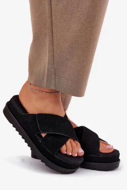 Klapki Damskie Na Platformie Z Przeplatającymi Się Paskami Czarne Rinasara