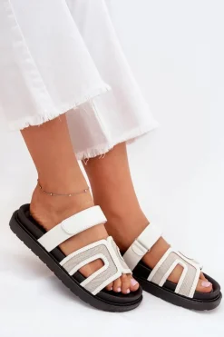 Klapki Damskie Na Platformie Z Rzepem Białe Kovira