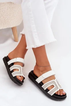 Klapki Damskie Na Platformie Z Rzepem Białe Kovira