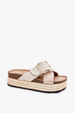 Klapki Damskie Na Platformie Z Plecionką I Złotą Klamrą Beżowe Filazzia