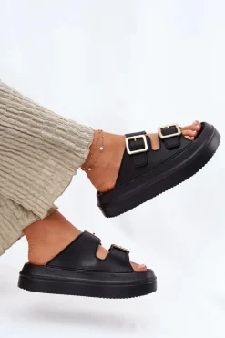 Klapki Damskie Na Platformie Ze Złotymi Klamrami Czarne Zorila
