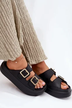 Klapki Damskie Na Platformie Ze Złotymi Klamrami Czarne Zorila