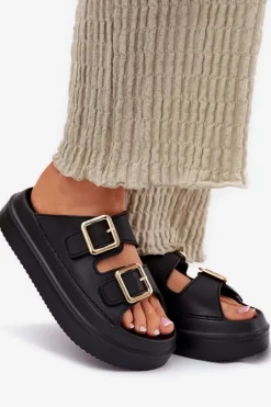 Klapki Damskie Na Platformie Ze Złotymi Klamrami Czarne Zorila