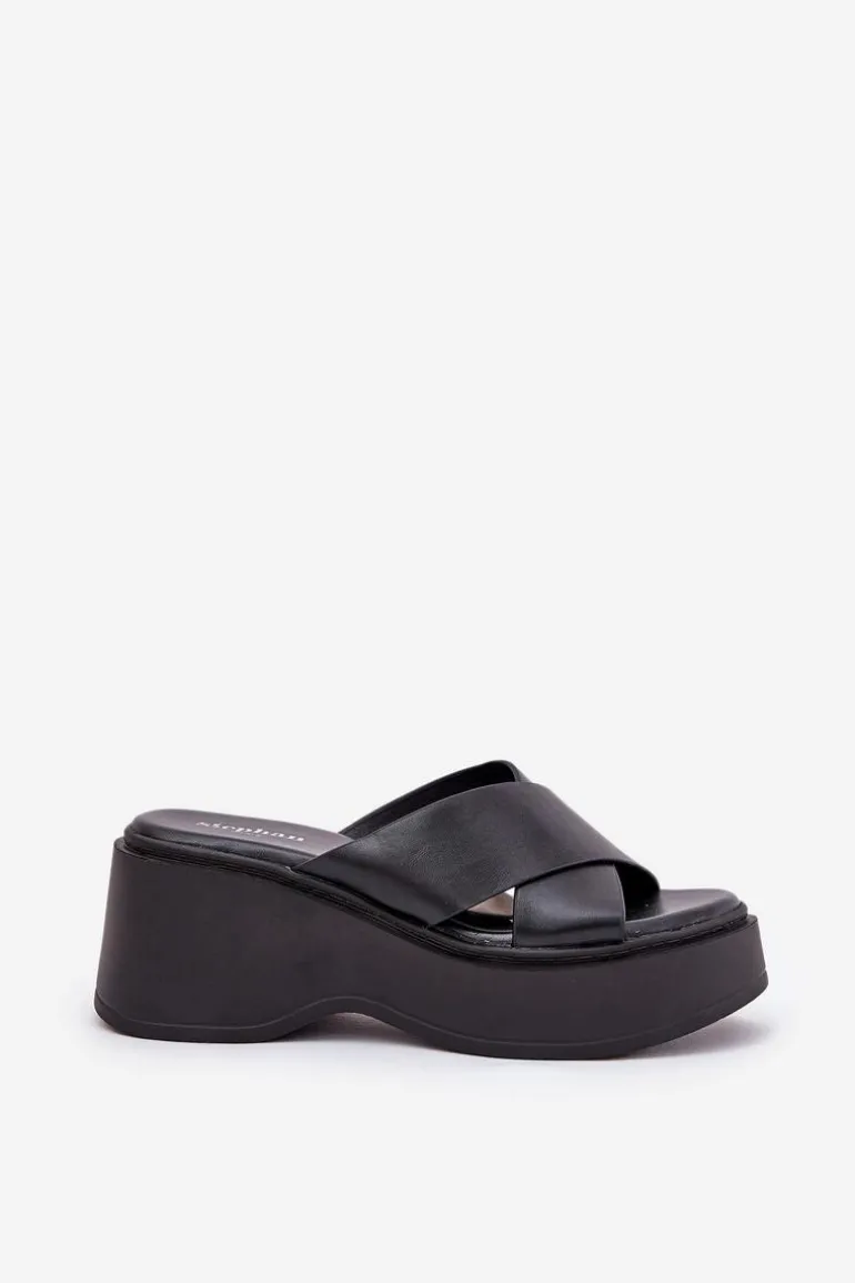 Klapki Damskie Na Platformie I Koturnie Czarne Nelithraea