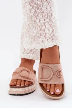 Klapki Damskie Na Platformie Z Ozdobą Różowe Daphira