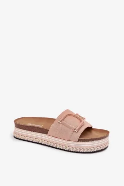 Klapki Damskie Na Platformie Z Ozdobą Różowe Daphira