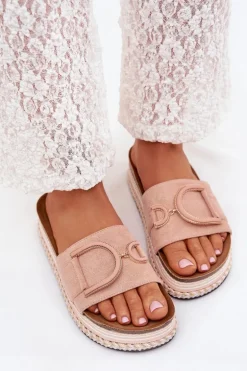 Klapki Damskie Na Platformie Z Ozdobą Różowe Daphira