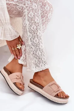 Klapki Damskie Na Platformie Z Ozdobą Różowe Daphira