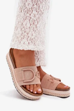 Klapki Damskie Na Platformie Z Ozdobą Różowe Daphira