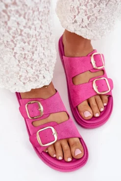 Klapki Damskie Na Platformie Ze Złotymi Klamrami Fuksja Verena