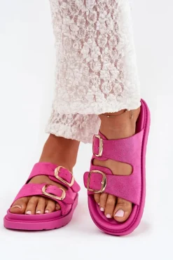 Klapki Damskie Na Platformie Ze Złotymi Klamrami Fuksja Verena