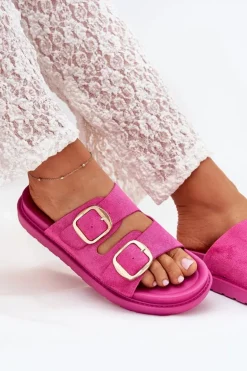 Klapki Damskie Na Platformie Ze Złotymi Klamrami Fuksja Verena