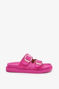 Klapki Damskie Na Platformie Ze Złotymi Klamrami Fuksja Verena