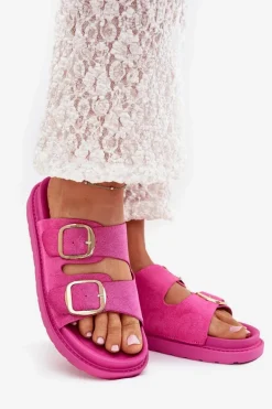 Klapki Damskie Na Platformie Ze Złotymi Klamrami Fuksja Verena