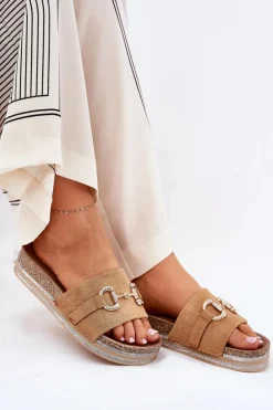 Klapki Damskie Na Platformie Ze Złotą Ozdobą I Brokatem Camel Morisela