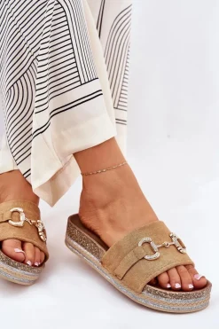 Klapki Damskie Na Platformie Ze Złotą Ozdobą I Brokatem Camel Morisela