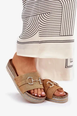 Klapki Damskie Na Platformie Ze Złotą Ozdobą I Brokatem Camel Morisela