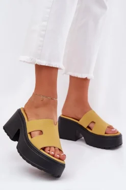 Klapki Damskie Na Platformie I Masywnym Obcasie Żółte Rizana