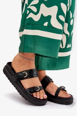 Klapki Damskie Na Platformie Ze Złotymi Klamrami Czarne Wernone