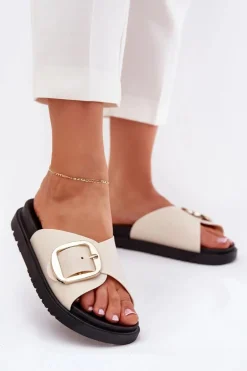 Klapki Damskie Na Platformie Ze Złotą Klamrą Beżowe Jovira