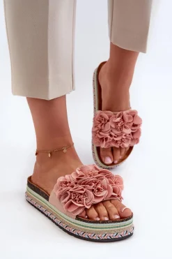 Klapki Damskie Na Platformie Ozdobione Kwiatkami Różowe Nodina