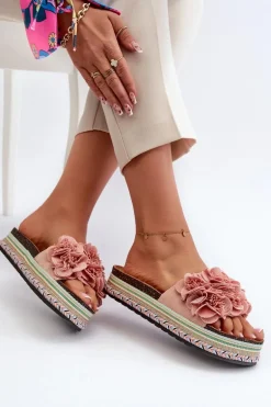 Klapki Damskie Na Platformie Ozdobione Kwiatkami Różowe Nodina