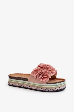 Klapki Damskie Na Platformie Ozdobione Kwiatkami Różowe Nodina