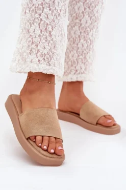 Klapki Damskie Na Platformie Z Eko Zamszu Ciemnobeżowe Jorina