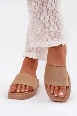 Klapki Damskie Na Platformie Z Eko Zamszu Ciemnobeżowe Jorina