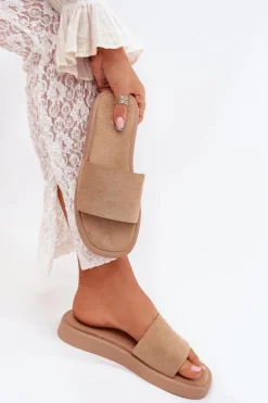 Klapki Damskie Na Platformie Z Eko Zamszu Ciemnobeżowe Jorina