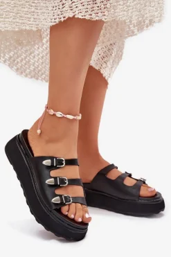 Klapki Damskie Na Platformie Z Paskami Czarne Nimiotte