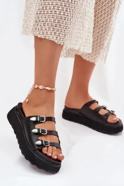 Klapki Damskie Na Platformie Z Paskami Czarne Nimiotte