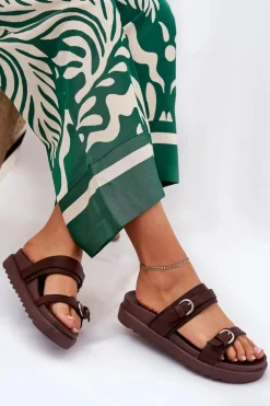 Klapki Damskie Na Platformie Ze Złotymi Klamrami Brązowe Wernone