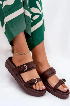 Klapki Damskie Na Platformie Ze Złotymi Klamrami Brązowe Wernone