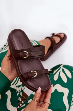 Klapki Damskie Na Platformie Ze Złotymi Klamrami Brązowe Wernone