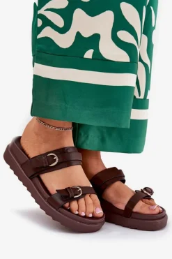 Klapki Damskie Na Platformie Ze Złotymi Klamrami Brązowe Wernone