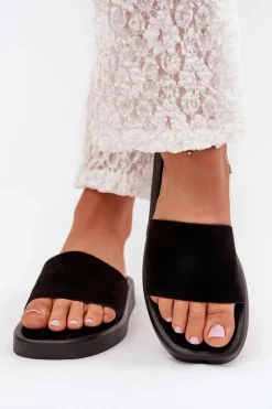 Klapki Damskie Na Platformie Z Eko Zamszu Czarne Jorina