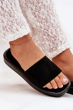 Klapki Damskie Na Platformie Z Eko Zamszu Czarne Jorina